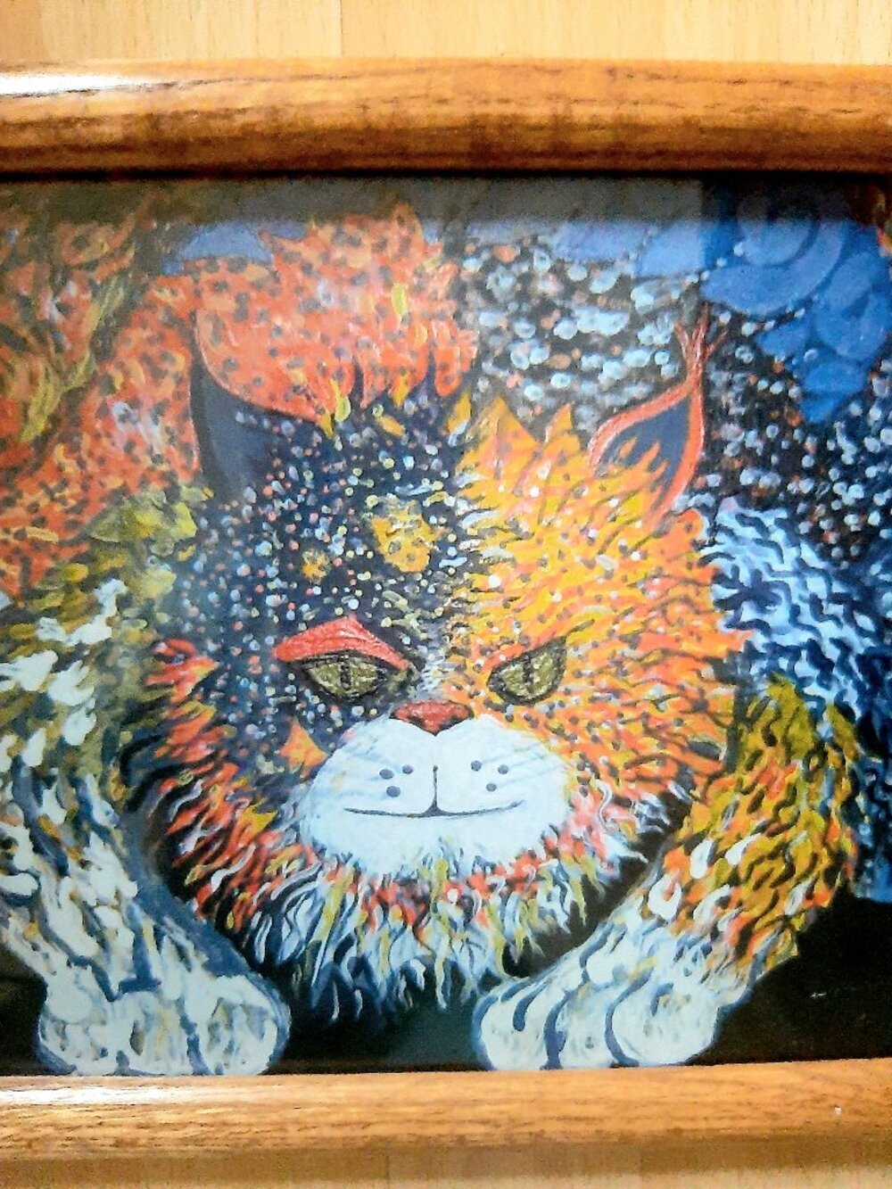 Fun and colorful framed cat print.
